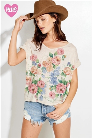 S36-1-1-T649PG12738-OTM - PLUS SIZE FLORAL PRINT V NECK SHORT SLEEVE TOP- OATMEAL -2-2-2