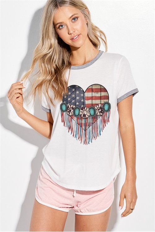 S36-1-1-PL-T701G10691-IVBK - AMERICAN FLAG RINGER BAND SHORT SLEEVE TOP- IVORY BLACK 2-2-2