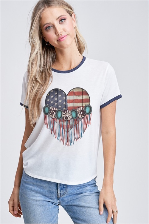 S36-1-1-PL-T701G10691-IVNV - AMERICAN FLAG RINGER BAND SHORT SLEEVE TOP- IVORY NAVY 2-2-2