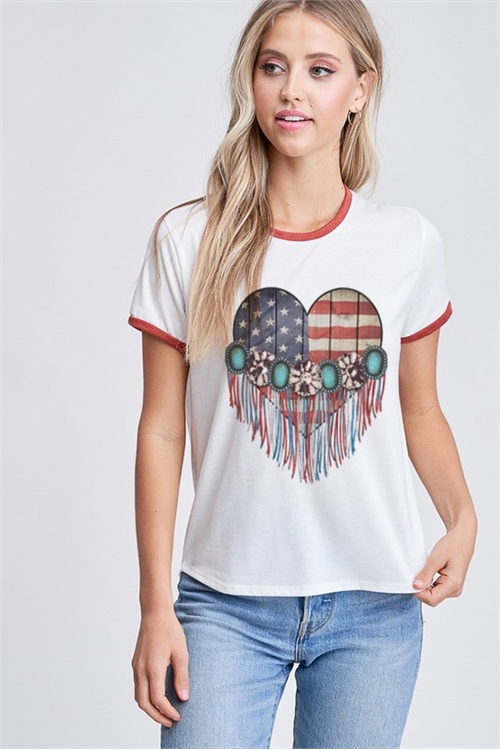 S36-1-1-PL-T701G10691-IVRU - AMERICAN FLAG RINGER BAND SHORT SLEEVE TOP- IVORY RUST 2-2-2