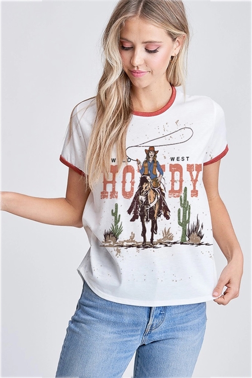 S36-1-1-T701G12552-IVRU - HOWDY PRINT RINGER BAND SHORT SLEEVE TOP- IVORY/RUST -2-2-2