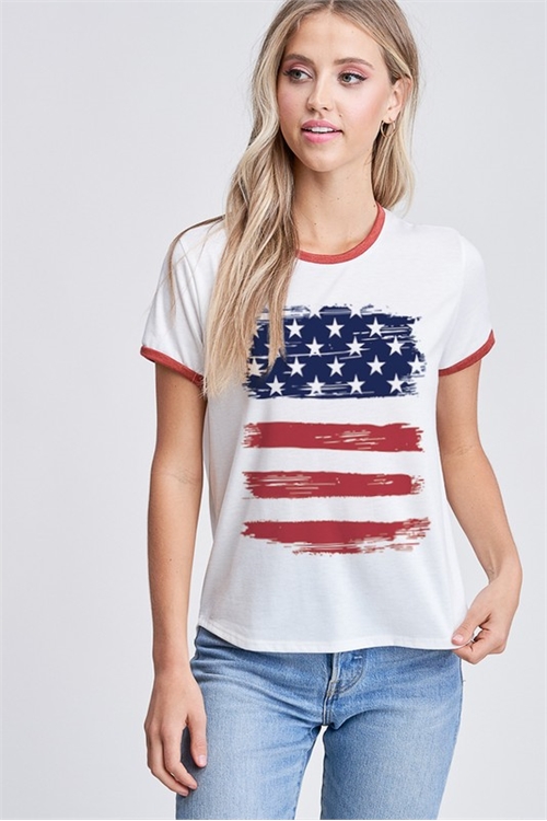 S36-1-1-PL-T701G8288-IVRU - STRIPE WITH RODEO RINGER BAND SHORT SLEEVE TOP- IVORY RUST 2-2-2