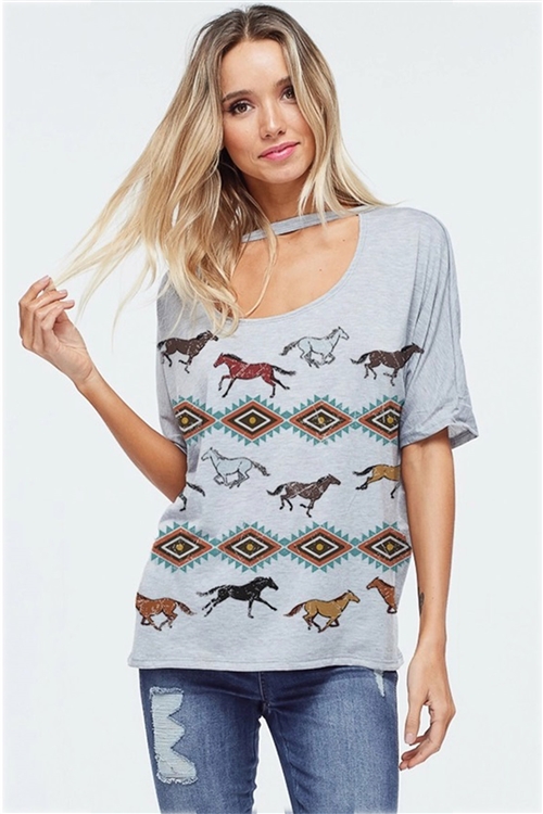 S36-1-1-T705S2103-HGY - WILD HORSES PRINT WESTERN CHOKER NECK TOP- HEATHER GREY -2-2-2