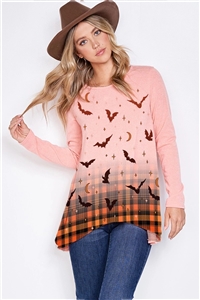 S36-1-1-T719G12894-CO - HALLOWEEN PLAID KNIT LONG SLEEVE SIDE TAIL TOP- CORAL -2-2-2