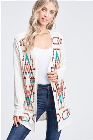 S36-1-1-T722AG12226A-ND - AZTEC PRINT RIB LONG SLEEVE CARDIGAN- NUDE -2-2-2