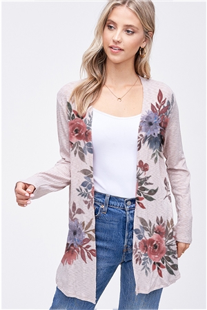 S36-1-1-T722AS2109-MC - FLORAL RIB LONG SLEEVE CARDIGAN- MOCHA -2-2-2