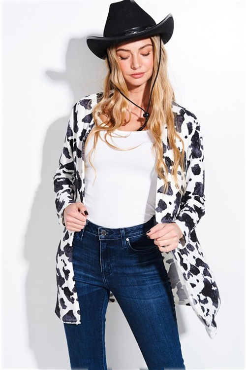 S36-1-1-T722F04-1-6-BK - COW PRINT LONG SLEEVE CARDIGAN- BLACK -2-2-2