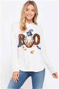 S36-1-1-T727G12409-IV - BOO HALLOWEEN PRINT HOODIE LONG SLEEVE TOP- IVORY -2-2-2