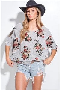 S36-1-1-T744G12767-GY - FLORAL PRINT KNIT V NECK THREE QUARTER SLEEVE TOP- GREY -2-2-2