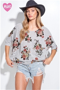 S36-1-1-T744PG12767-GY - PLUS FLORAL PRINT V NECK THREE QUARTER SLEEVE TOP- GREY -2-2-2