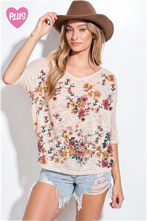 S36-1-1-T744PG8353-KHK - PLUS FLORAL PRINT V NECK THREE QUARTER SLEEVE TOP- KHAKI -2-2-2