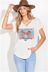 S36-1-1-T746G12692-IV - INDEPENDENCE DAY PRINT LACE UP SHORT SLEEVE TOP- IVORY -2-2-2
