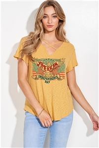S36-1-1-T746G12692-MU - INDEPENDENCE DAY PRINT LACE UP SHORT SLEEVE TOP- MUSTARD -2-2-2