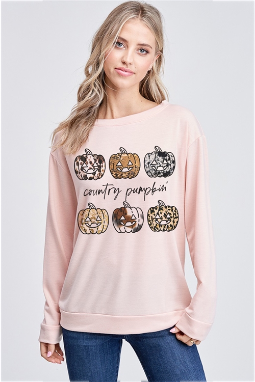 S36-1-1-T765G12882-BLS - HALLOWEEN PUMPKIN PRINT FRENCH TERRY SWEATSHIRT- BLUSH -2-2-2