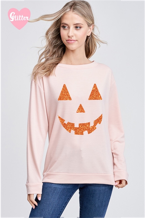 S36-1-1-T765G5596-BLS - HALLOWEEN PUMPKIN GLITTER FRENCH TERRY SWEATSHIRT- BLUSH -2-2-2