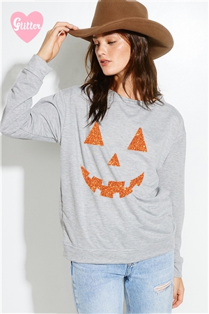 S36-1-1-T765G5596-HGY - HALLOWEEN PUMPKIN GLITTER FRENCH TERRY SWEATSHIRT- HEATHER GREY -2-2-2