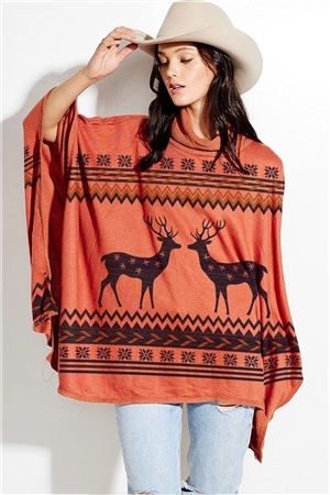 S36-1-1-T773G12444-RUNV - CHRISTMAS DEER PRINT TURTLE NECK PONCHO- RUST/NAVY -2-2-2