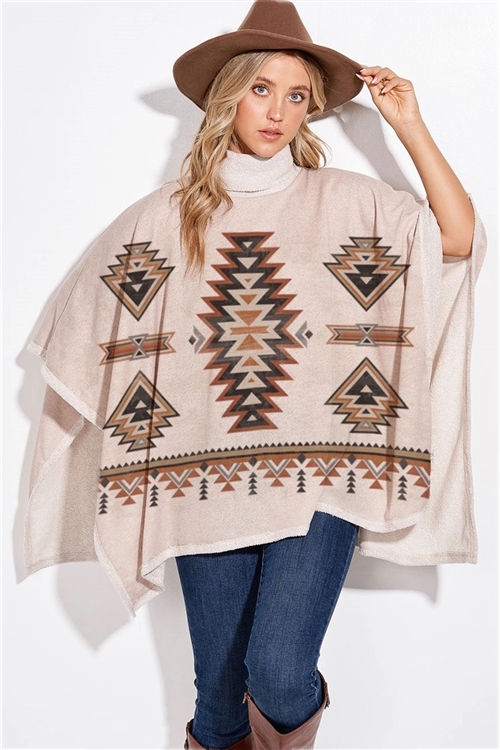 S36-1-1-T773S2113-KHK - AZTEC PRINT TURTLE NECK PONCHO- KHAKI -2-2-2