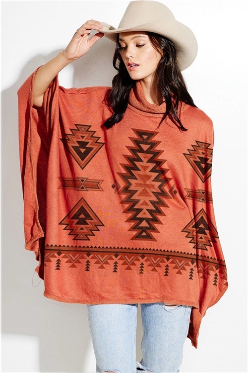 S36-1-1-T773S2113-RU - AZTEC PRINT TURTLE NECK PONCHO- RUST -2-2-2