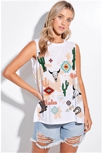 S36-1-1-T776G12111-OFW - DESERT WESTERN PRINT MUSCLE TANK TOP- OFF WHITE -2-2-2