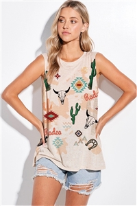 S36-1-1-T776G12111-OTM - DESERT WESTERN PRINT MUSCLE TANK TOP- OATMEAL -2-2-2