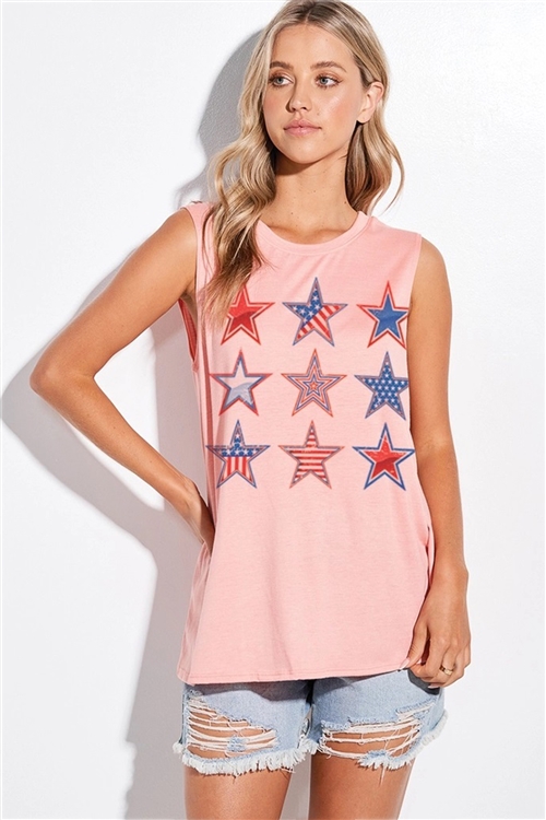 S36-1-1-T776G12694-PCH - AMERICAN STAR PRINT MUSCLE TANK TOP- PEACH -2-2-2