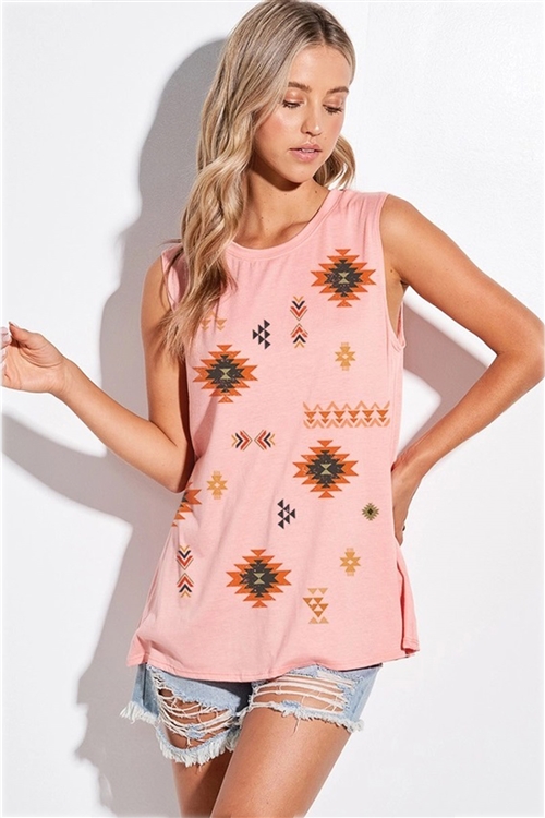 S36-1-1-T776G12843A-PCH - AZTEC PRINT MUSCLE TANK TOP- PEACH -2-2-2