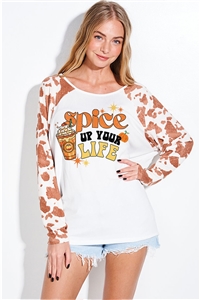 S36-1-1-T786G12899-IVBR - FALL SPICE LATTE PRINT ANIMAL RAGLAN SLEEVE TOP- IVORY/BROWN -2-2-2