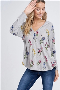 S36-1-1-T798G12769A-GY - FLORAL PRINT HOODIE V NECK LONG SLEEVE TOP- GREY -2-2-2