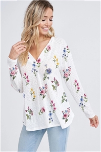 S36-1-1-T798G12769A-IV - FLORAL PRINT HOODIE V NECK LONG SLEEVE TOP- IVORY -2-2-2