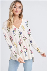 S36-1-1-T798G12769A-ND - FLORAL PRINT HOODIE V NECK LONG SLEEVE TOP- NUDE -2-2-2