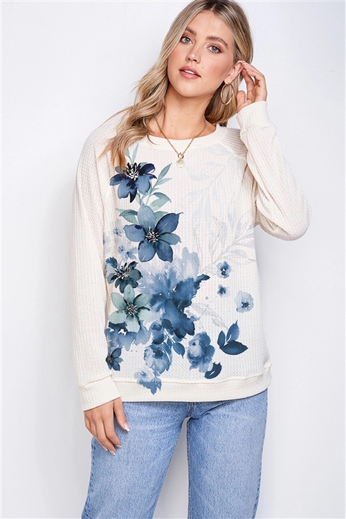 S36-1-1-T801G12748-CRM - FLORAL PRINT WAFFLE SWEATSHIRT- CREAM -2-2-2