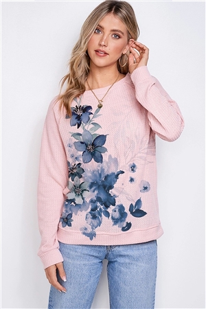 S36-1-1-T801G12748-PK - FLORAL PRINT WAFFLE SWEATSHIRT- PINK -2-2-2