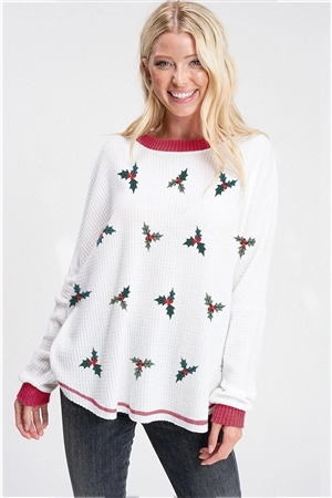 S36-1-1-T808G12936-IVRD - MISTLETOE PRINT WAFFLE NECK BAND CONTRAST TOP- IVORY/RED -2-2-2