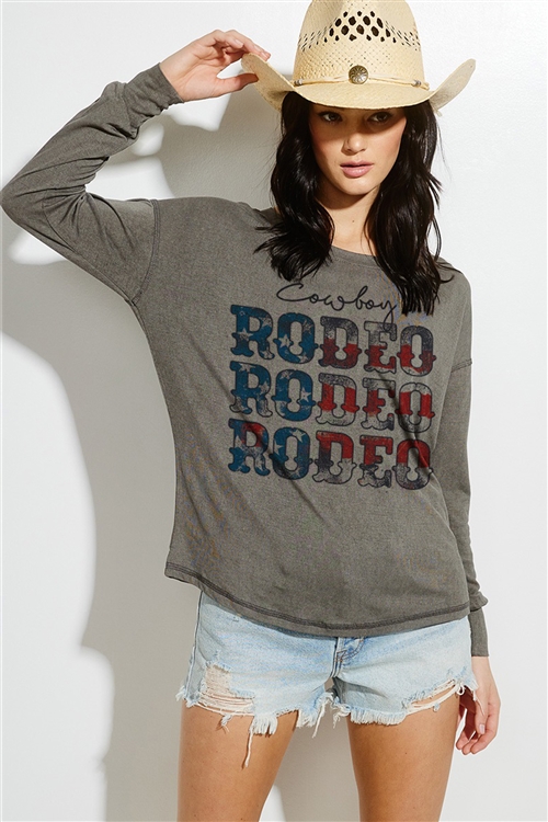 S36-1-1-T822G12656-CHL - AMERICAN FLAG RODEO PRINT OIL WASH LONG SLEEVE TOP- CHARCOAL -2-2-2