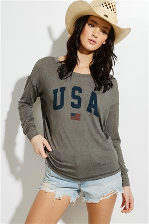 S36-1-1-T822G12659-CHL - AMERICAN FLAG USA PRINT OIL WASH LONG SLEEVE TOP- CHARCOAL -2-2-2