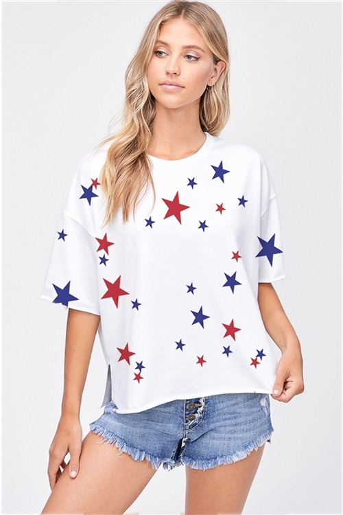 S36-1-1-T831G12789-IV - RED BLUE STAR ALLOVER SIDE SLIT SHORT SLEEVE TOP- IVORY -2-2-2