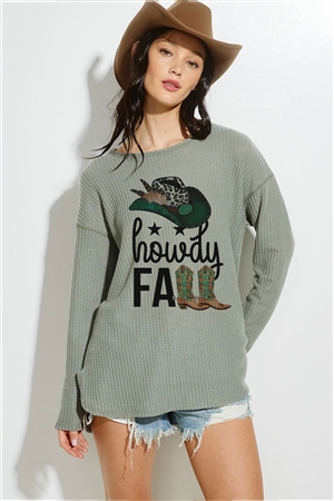 S36-1-1-T854G12416A-DKSG - HOWDY FALL PRINT THERMAL KNIT LONG SLEEVE TOP- DK. SAGE -2-2-2