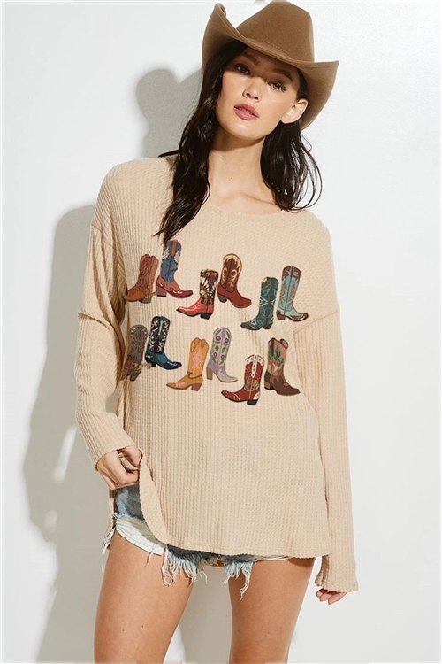 S36-1-1-T854G12837A-KHK - COWGIRL BOOTS PRINT THERMAL KNIT LONG SLEEVE TOP- KHAKI -2-2-2