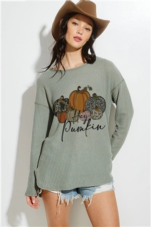 S36-1-1-T854G12927-DKSG - FALL PUMPKIN PRINT THERMAL KNIT LONG SLEEVE TOP- DK. SAGE -2-2-2