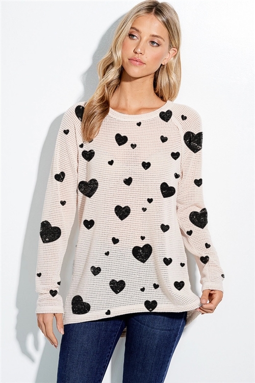 S36-1-1T855G10560W-CRM - BLACK HEART ALL OVER KNIT LONG SLEEVE TOP -2-2-2