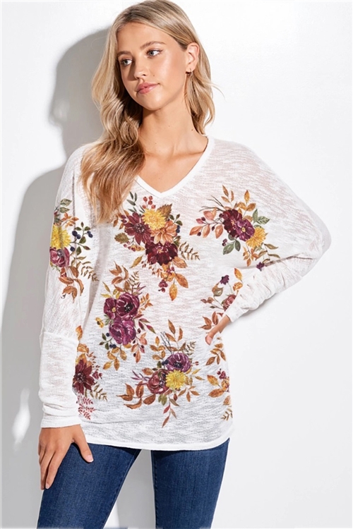 S36-1-1-T856S2108-IV - FLOWER PRINT V-NECK KNIT LONG SLEEVE TOP- IVORY -2-2-2