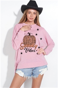 S36-1-1-T866G12897-MV - HALLOWEEN PUMPKIN PRINT SIDE SLIT LONG SLEEVE TOP- MAUVE -2-2-2