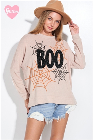 S36-1-1-T866G12898-KHK - HALLOWEEN BOO GLITTER SIDE SLIT LONG SLEEVE TOP- KHAKI -2-2-2