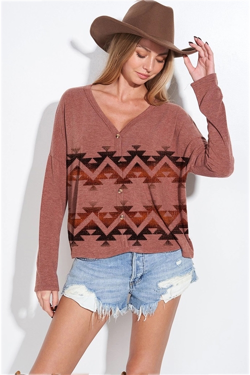 S36-1-1-T869G12218A-RU - AZTEC PRINT SOFT KNIT CARDIGAN- RUST -2-2-2