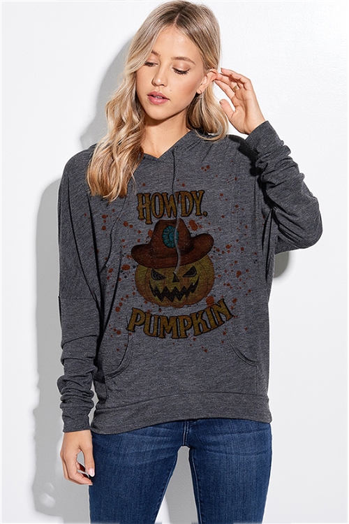 S36-1-1-T874G12257A-CH - HALLOWEEN HOWDY PUMPKIN PRINT HOODIE- CHARCOAL -2-2-2