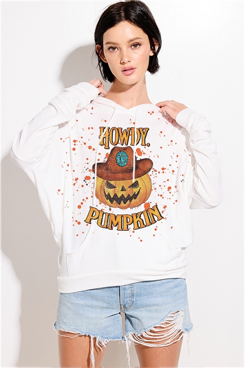 S36-1-1-T874G12257A-IV - HALLOWEEN HOWDY PUMPKIN PRINT HOODIE- IVORY -2-2-2