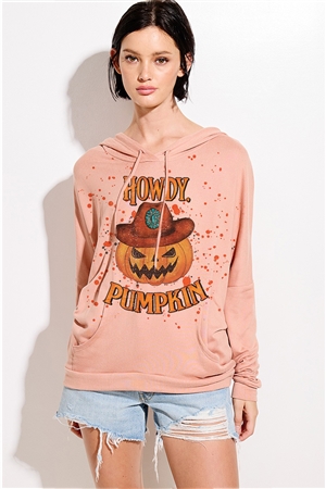 S36-1-1-T874G12257A-PCH - HALLOWEEN HOWDY PUMPKIN PRINT HOODIE- PEACH -2-2-2