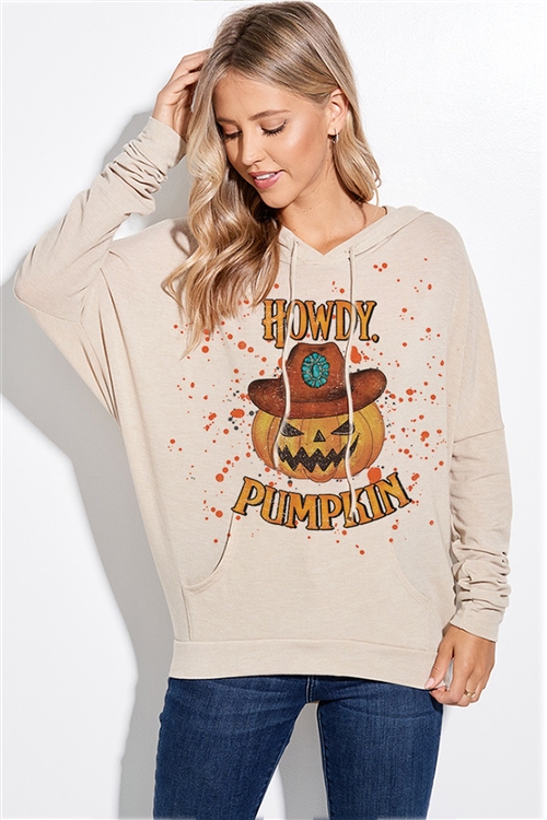 S36-1-1-T874G12257A-TP - HALLOWEEN HOWDY PUMPKIN PRINT HOODIE- TAUPE -2-2-2