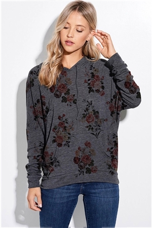 S36-1-1-T874G12767-CH - FLORAL PRINT HOODIE LONG SLEEVE TOP- CHARCOAL -2-2-2